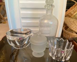 Orrefors Sweden Glass Bowls with Frosted Glass Candy Dish and Blown Glass Decanter