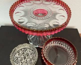 Vintage Pedestal Cranberry Cake Stand Candy Dish With Clear Cut Glass Dish