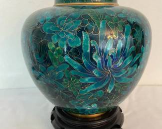 Turquoise Blue Gold Enameled Cloisonn Urn Wirh Floral With Motifs On Stand