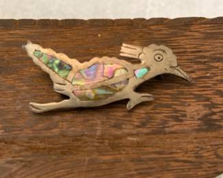 Vintage Mexican Sterling Silver And Abalone Inlay Roadrunner Broach