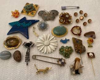 Collection of Vintage Pins including Enamel Costume and Stone Pins