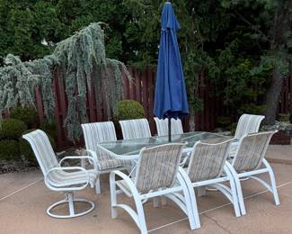 263. Dining Set from Fortunoff Wavy Glass Top Table on Aluminum Base (42.5" x 70.5" x 28") w/ 8 Chairs 2 Swivel Arm and 6 Side and Umbrella