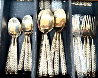 "278. Flatware From Thailand Bronzetone 12 Table Spoons 12 Tea Spoons 12 Knives 12 Forks 12 Salad Forks"