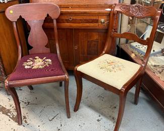 Open rose carved back chair with needlepoint seat and flared legs; American Empire mahogany side chair with vase chaped splait and needle point seat