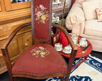 Antique Mahogany armchair in an Art Nouveau style. Needlepoint tapestry upholstery.  Mother of pearl inlay