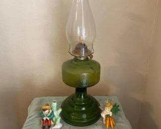 Vintage Green Pressed Glass Kerosene Oil Lamp And Two Figurines