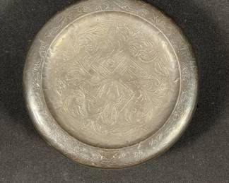 645 Lot 428h Signed tin and plastic trinket holder with design