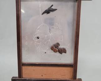 469 Lot 148 Vintage Asian aluminum and wood engraved panel