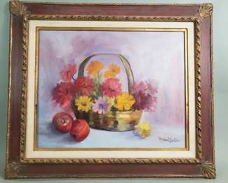 085 Lot 90 Signed Marie Hunter oil on canvas floral still