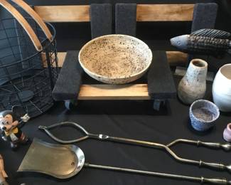 704 Lot 507h Fireplace tools pottery dollies metal basket