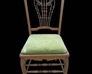 183 Lot 480h Antique wood chair with lime green cushion cover