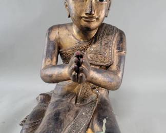 483 Lot 176 Antique Burmese gilt wood praying monk statue