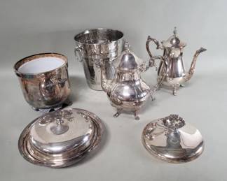 723 Lot 545 Silver plate ice buckets teapots covered bowl