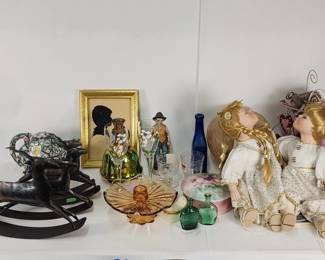 541 Lot 300h Porcelain dolls vintage glass bottles brass