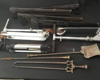 703 Lot 506h Vintage metal sawhorses fireplace tools Razors