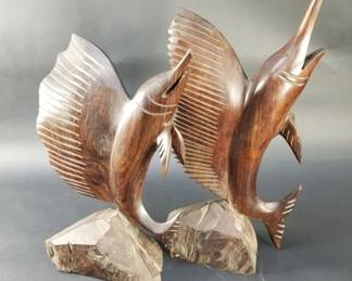 430 Lot 592 Pair of carved wood swordfish figurines