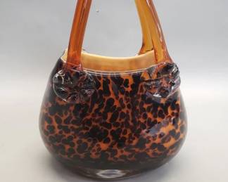 754 Lot 619 Hand blown glass handbag form vase