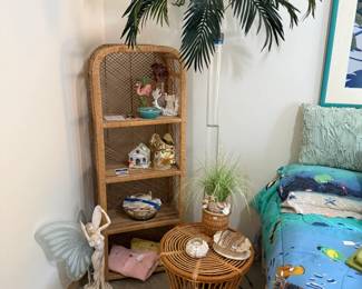 Rattan Table, MCM Style Rattan Etagere, Misc Decor