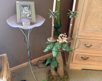 Palm Tree Glass Top Table, Palm Tree Candlestick Holders, Birdbath, Shoes