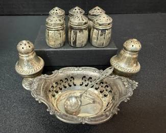 02 Sterling Mini Salt Pepper Shakers, Pin Cushion Holder, Mini Spoon