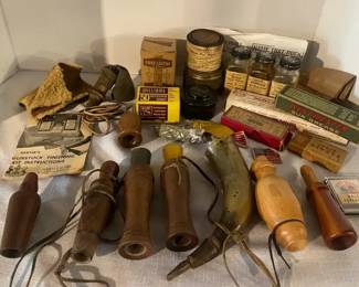 Vintage Wooden Duck Calls, Powder Horn, Vintage Gun Cleaning Supplies, More