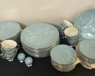 Flintridge Damask Leaf Strata Blue China with Silver Accents