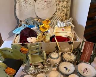 Vintage Doll Clothes, Tea Set, and Chairs