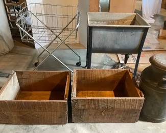 Vintage Rolling Laundry Cart, Wash Basin, Milk Can, Wooden Crates