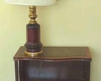 Wood Carved Mirror, Side Table And Vintage Red Glass Lamp