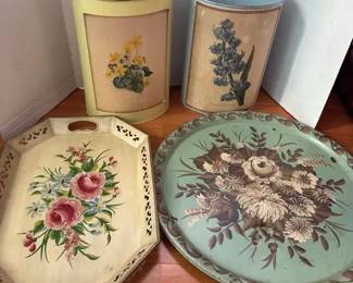 Vintage Metal Floral Wastebins and Trays