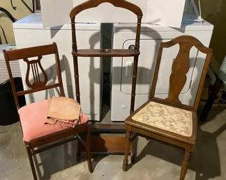 Two VintageAntique Wood Chairs, Wood Valet Stand
