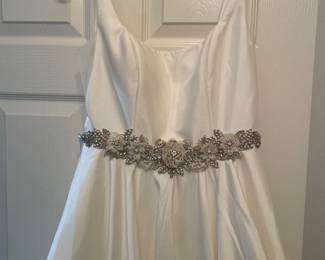 Beautiful white satin gown with long train by Jenny Yoo. Floral crystal belt added by seamstress. 