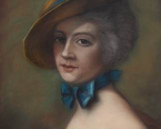 1288 In the Manner of Francois Boucher (1703-1770) Portrait of a woman with a blue ribbon Pastel on grey paper Unsigned Sight: 17 1/4 x 14 in. Estimate: $400 - $600