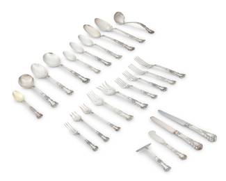 1016 An assembled Gorham sterling silver 'Buttercup' flatware service 20th century Designed 1899 Each with factory marks for sterling; some monogrammed, personalized, or with additional retailer's marks Comprising: 12 dinner knives (9 3/4 in.) 12 luncheon knives (8 1/2 in.) 8 butter spreaders (6 in.) 10 dinner forks (7 5/8 in.) 11 luncheon forks (7 in.) 7 salad forks (6 3/8 in.) 7 fish forks (6 1/4 in.) 4 luncheon salad forks (6 in.) 6 cocktail forks (5 1/2 in.) 25 teaspoons (5 3/4 in.) 5 tablespoons (8 1/2 in.) 6 cream soup spoons (6 5/8 in.) 10 oval soup spoons (6 1/2 in.) 2 larger oval soup spoons (7 in.) 10 demitasse spoons (4 1/8 in.) 4 bouillon spoons (5 1/4 in.) 1 strawberry fork (4 5/8 in.) 1 food pusher (4 1/8 in.) 1 sugar spoon (6 in.) 1 serving spoon (8 3/4 in.) 1 gravy ladle (7 in.) 1 olive/pickle fork (5 1/2 in.) 2 cold meat serving forks (6 3/4 in.) 147 pieces Total weighable sterling 134.3 oz. troy approximately Estimate: $2,000 - $4,000
