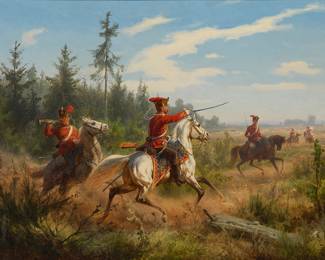1191 Christian Sell (1831-1883) Prussian cavaliers, 1873 Oil on panel Signed and dated lower left: Chr. Sell 1873 12 x 16 1/2 in. Estimate: $400 - $600
