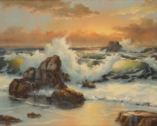 1173 Robert Wee (b. 1927) Sunset seascape Oil on canvas Signed lower right: Robert Wee; signed again and inscribed with the artist's copyright statement in black, verso 21 1/2 x 33 1/4 in. Estimate: $500 - $700