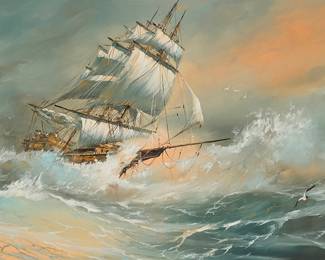 1061 Stanley Rodgers (1949-1983) Ship on a stormy sea Oil on canvas Signed lower right: Rodgers 24 1/8 x 48 1/8 in. Estimate: $200 - $400