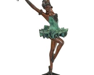 1233 After Pierre Le Faguays (1892-1962) Ballerine Patinated and cold-painted verdigris bronze Signed in the casting of base: A. Fayral Bronze height 77 3/4 in., width 40 in., depth 24 in. approximately; height of plinth 2 in., width 19 1/4 in., depth 19 1/4 in. Estimate: $600 - $800