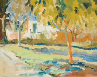 1222 Pamela Glover (1924-2010) "Wisteria House," 1985 Oil on canvas Signed, titled, and dated verso: Pam Glover / 8/24/85 11 1/2 x 15 1/2 in. Estimate: $200 - $300