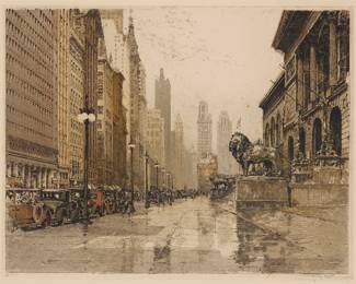 1229 Luigi Kasimir (1881-1962) "Michigan Avenue, Chicago," 1930 Etching and aquatint in colors on paper Edition: 4/150 Signed in pencil just inside the platemark at lower right: Luigi Kasimir; numbered in pencil just inside the platemark at lower left; titled and dated by repute Plate: 13 7/8 x 17 3/4 in.; Sight: 14 1/2 x 18 1/2 in. Estimate: $300 - $500