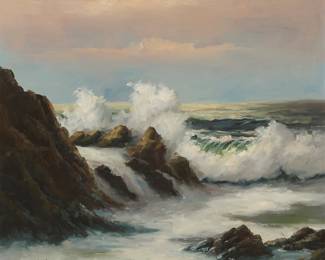 1270 Robert Wee (b. 1927) Crashing waves on rocks Oil on canvas With the incised signature lower right: Robert Wee 36 x 36 in. Estimate: $600 - $800
