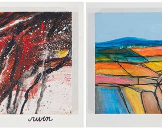 1165 Irwin Harvey Brown (b. 1928) Two works: Abstract Acrylic on panel mounted to canvasboard, as issued Signed on the canvasboard mount lower right: Irwin; signed again verso Panel: 5 1/2 x 9 3/4 in.; Canvasboard: 11 x 14 in. Landscape Oil on panel mounted to canvas, as issued Signed on the panel and again the canvas mount, lower right: Irwin; signed again on the canvas overlap, verso Panel: 5 1/2 x 8 1/2 in.; Canvas: 11 x 14 in. Estimate: $200 - $300