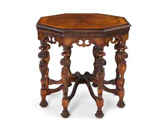 1135 A Brandt Furniture Co. octagonal walnut side table Circa 1920s Partial paper label applied to underside With veneered top above an openwork apron, raised on turned legs joined by eight curved stretchers Height 29 1/4 in., width 30 3/4 in., depth 30 3/4 in. Estimate: $300 - $500