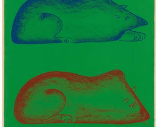 1225 Beniamino Bufano (1898-1970) "Sleeping Wolves," 1970 Lithograph in colors on paper Artist's proof VII/XVIII (aside from the numbered edition of 100) Signed in brown ink and numbered in pencil, all in the lower margin: Benjamin Bufano Image: 12 1/2 x 11 1/2 in.; Sight: 12 1/2 x 12 in. Estimate: $300 - $500