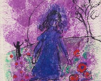 1018 Gloria Vanderbilt (1924-2019) "Girl Picking Flowers" Pastel and ink on paper Appears unsigned; titled on gallery label affixed to the frame's backing paper; alternatively titled "Girl in the Garden" on another label affixed to the frame's backing paper Sight: 9 7/8 x 5 5/8 in. Estimate: $500 - $700