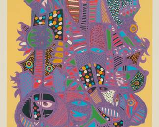 1085 Nathaniel Bustion (b. 1942) "Bogo Festival Series 2" Screenprint in colors on paper From the edition of unknown size and date Signed and titled in marker in the lower margin: Nat Bustion Image: 14 x 9 in.; Sight: 15 x 10 in. Estimate: $200 - $300