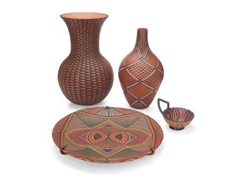 1217 Ricky Maldonado (b. 1953) Four dot-glaze adorned pottery vessels, early 21st century Larger vase with impressed signature: Rick A. Maldonado; smaller vase signed: Maldonado, charger signed and dated: Maldonado / 2003; cup signed: RAM Comprising a vase from the 'Kaleidoscope Series' with bulbous body and flared neck, a vase with a tapered neck, a handled cup, and a charger 4 pieces Larger vase height 15 3/4 in., diameter 10 in.; charger diameter 16 in.; height of cup 3 1/2 in., width 6 7/8 in., depth 5 1/8 in. Estimate: $300 - $500