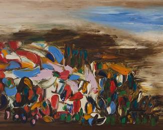 1251 Ralph Rosenborg (1913-1992) " 'Sea Growth' - marine study," 1957 Oil on canvas Signed and dated lower right: Rosenborg 1957; signed and dated again, verso; titled on a typed label affixed to the stretcher 19 x 39 in. Estimate: $600 - $800
