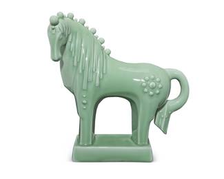 1277 A Chinese glazed porcelain figure of a horse Early 21st century With stamped signature and other indecipherable maker's marks to underside In the style of a contemporary Tang-style horse Height 16 1/4 in., width 15 1/8 in., depth 6 3/4 in. Estimate: $200 - $400