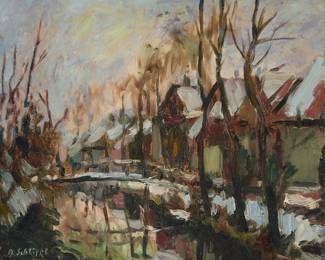 1156 Alexey von Schlippe (1915-1988) Houses beside a canal and small footbridge Oil on canvas laid to canvasboard Signed lower left: A. Schlippe 13 x 16 in. Estimate: $500 - $700